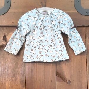 One Kid, Girls Blue Long Sleeve Shirt with White and Brown Flowers